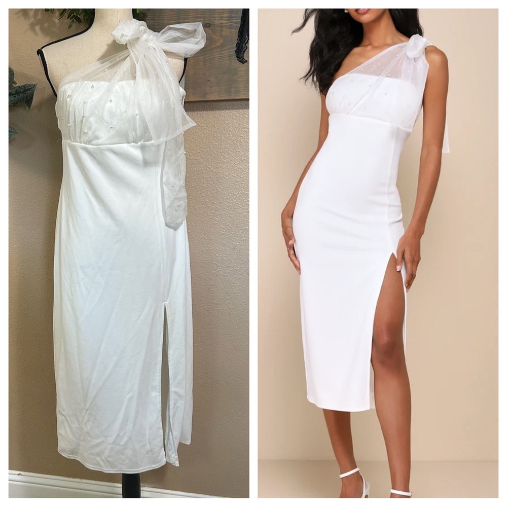 Lulus Elegant Indication Ivory Pearl One-Shoulder Midi Dress